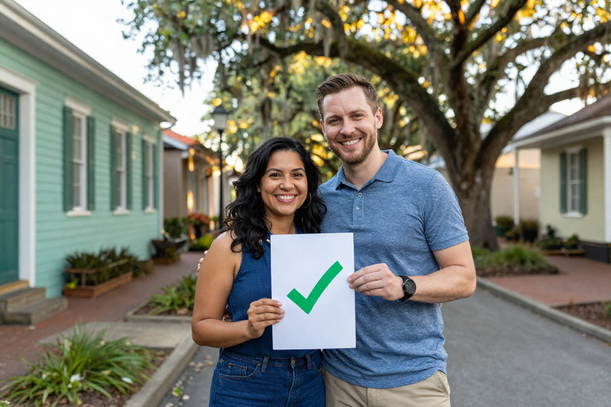 Happy couple celebrating mortgage pre-approval in New Orleans with approved documents