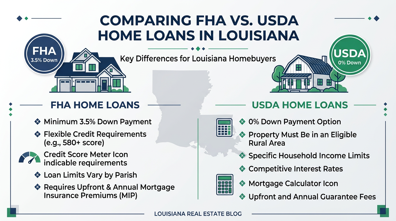 FHA vs USDA loan comparison infographic for Louisiana homebuyers showing 3.5% down vs 0% down options