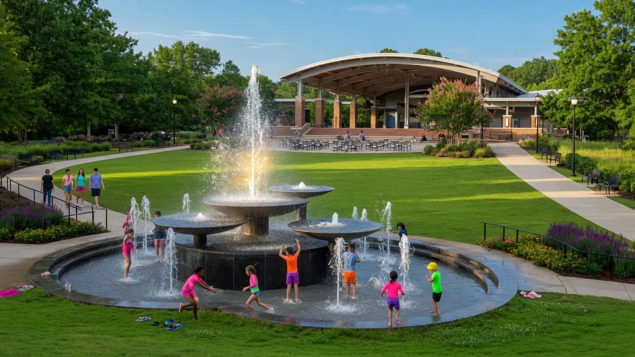 Fountain and green space at Downtown Cary Park in Cary North Carolina