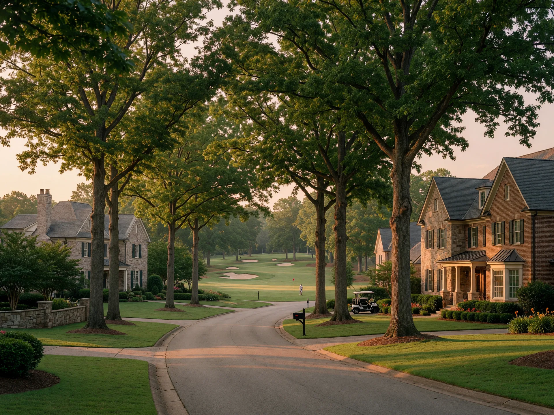 Tree-lined street with beautiful homes in Preston golf community Cary NC