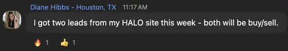 Diane Hibbs, Houston: I got two leads from my HALO site this week, both will be buy/sell.