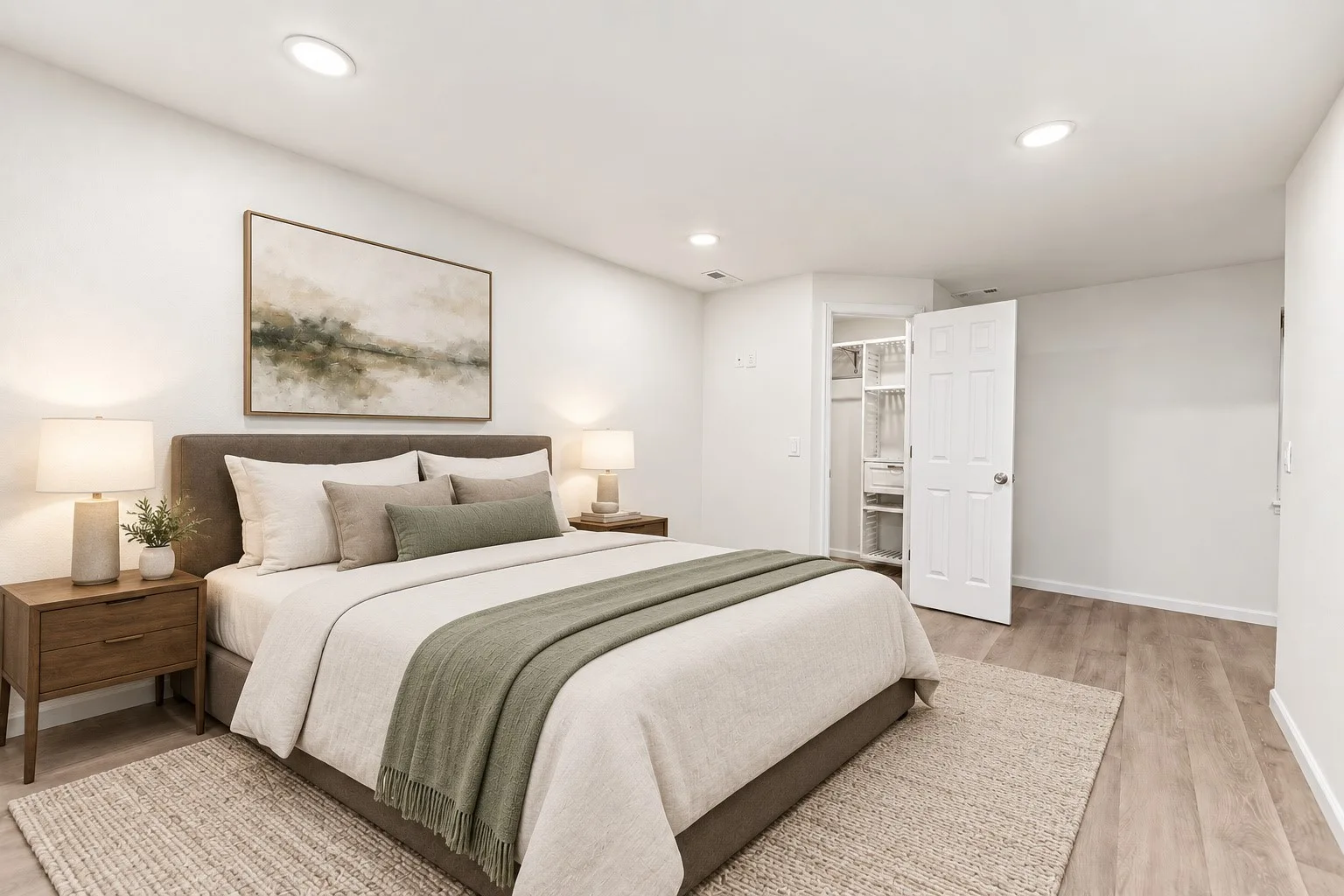 Bedroom with an open walk-in closet, shown with virtually staged furniture