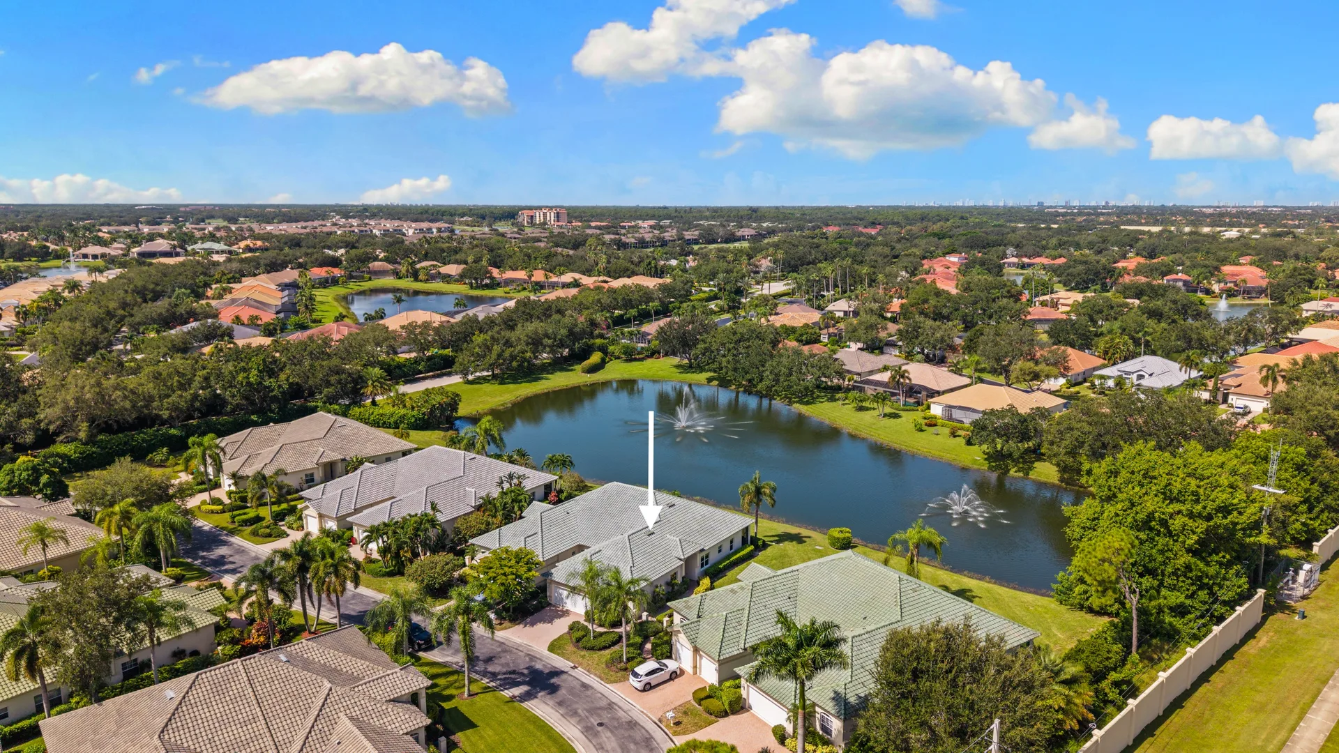 Aerial view of residential neighborhood with central lake