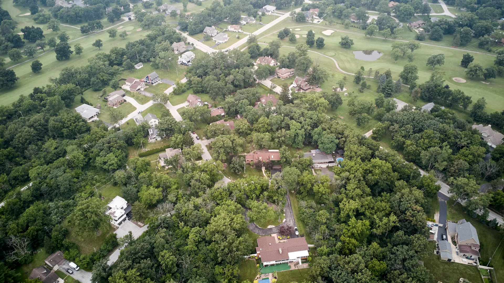 High-altitude view of the wooded neighborhood