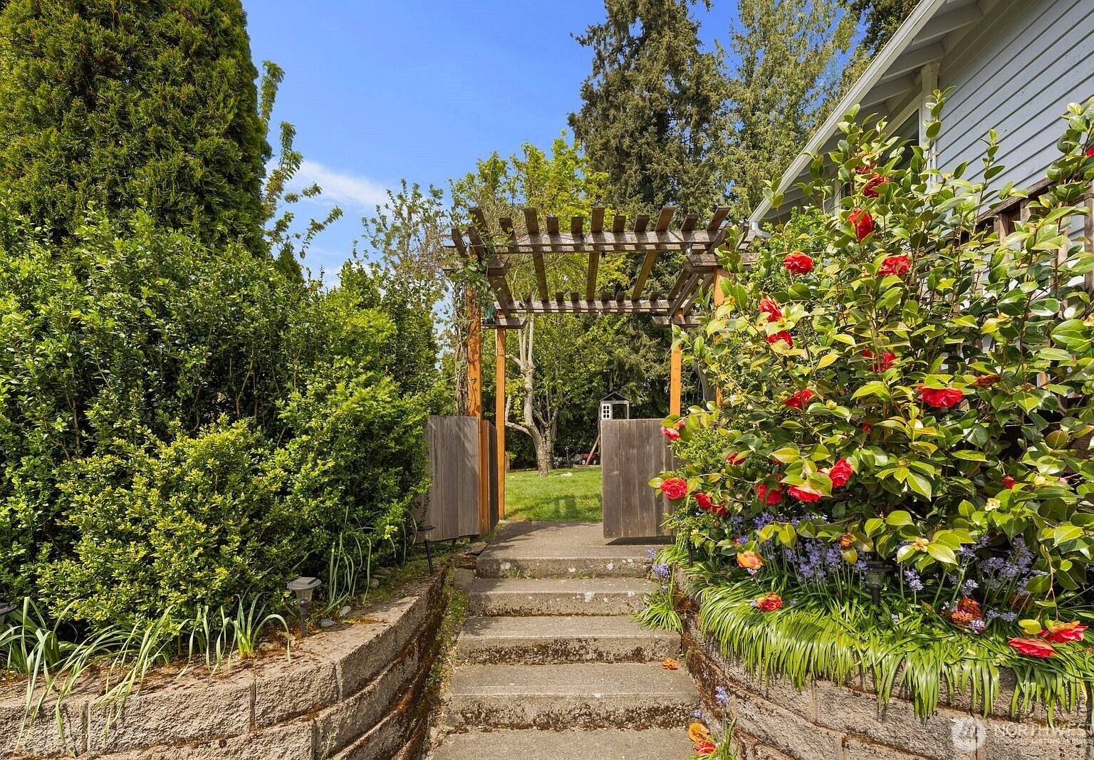 Backyard garden with pergola and stone walls in midday light
