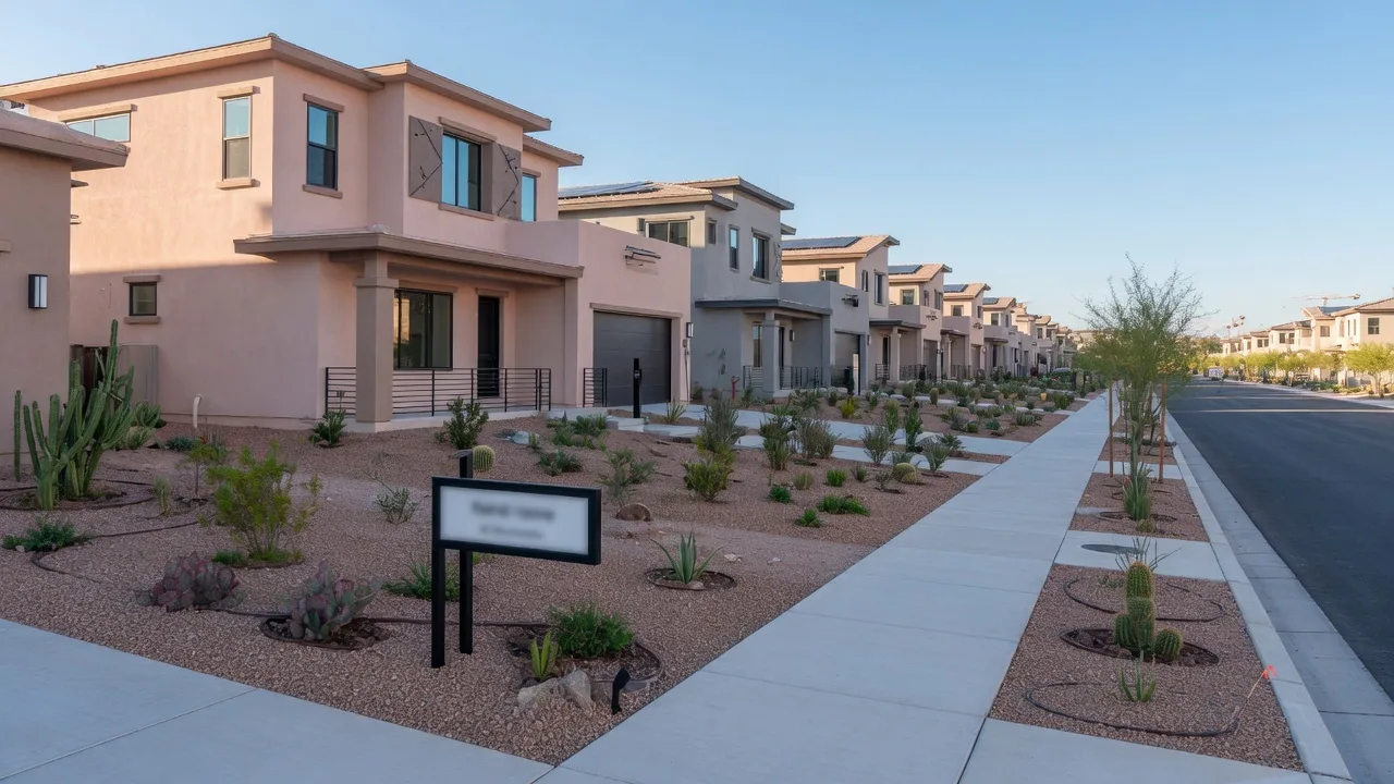 Modern new construction homes in a Las Vegas neighborhood with clean desert-style architecture under clear blue sky