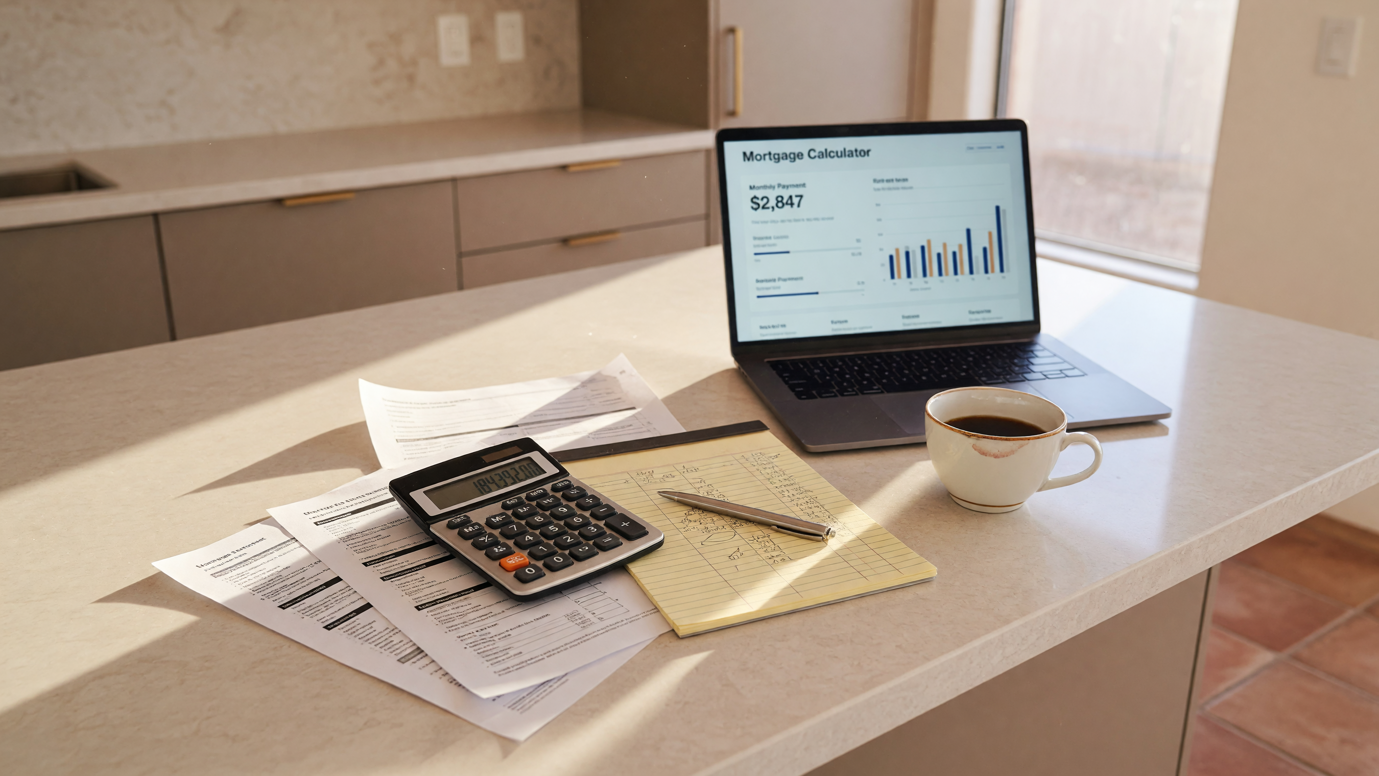 Kitchen countertop with mortgage documents, calculator, and laptop showing financial planning