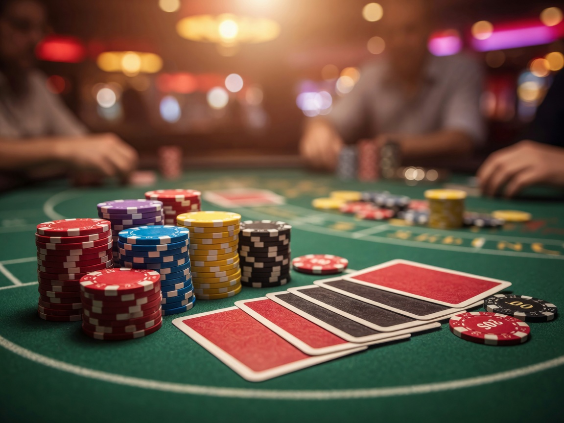 World Series of Poker chips and cards on a casino table
