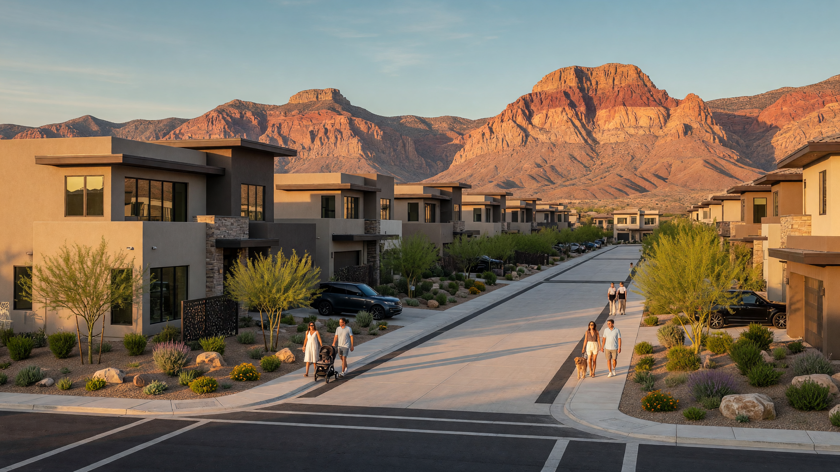 New luxury homes in a Summerlin neighborhood with Red Rock Canyon mountains in the background