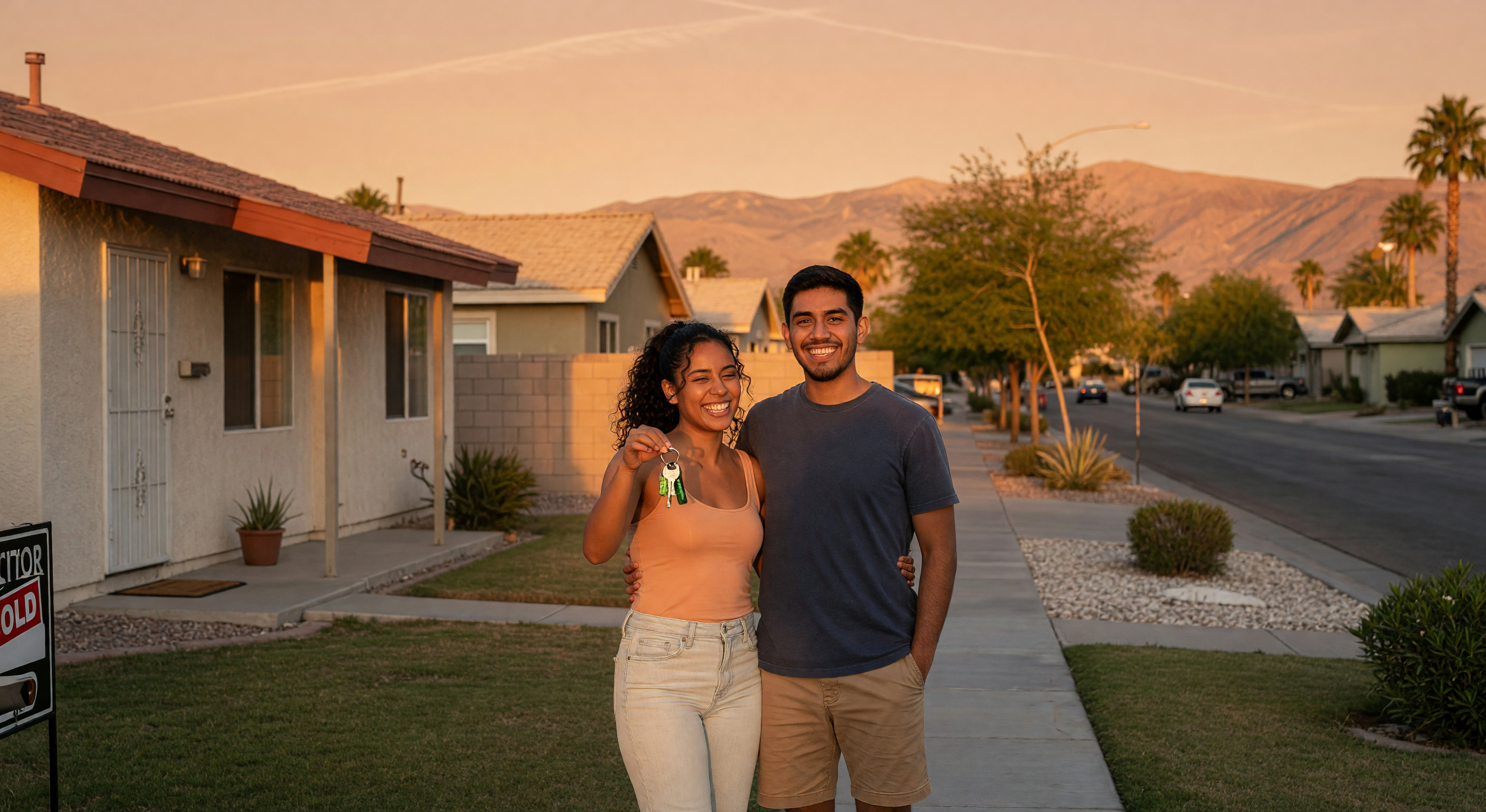 Young couple standing in front of their new home holding keys