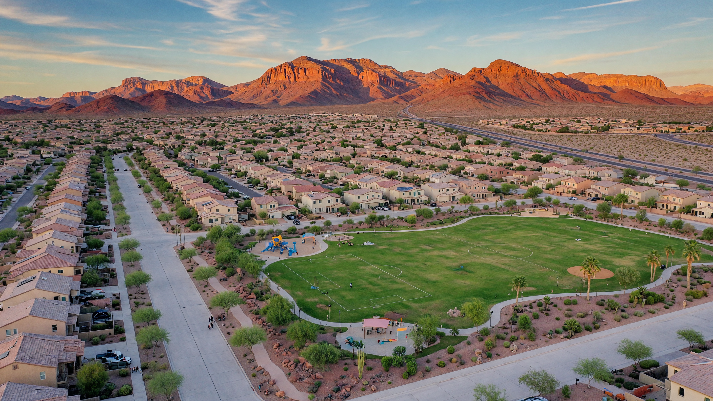 Aerial view of Aliante master-planned community in North Las Vegas with desert mountains in the background
