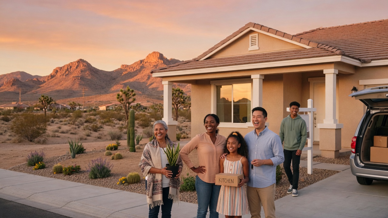 Familia de pie frente a una hermosa casa suburbana en el paisaje desértico de Las Vegas