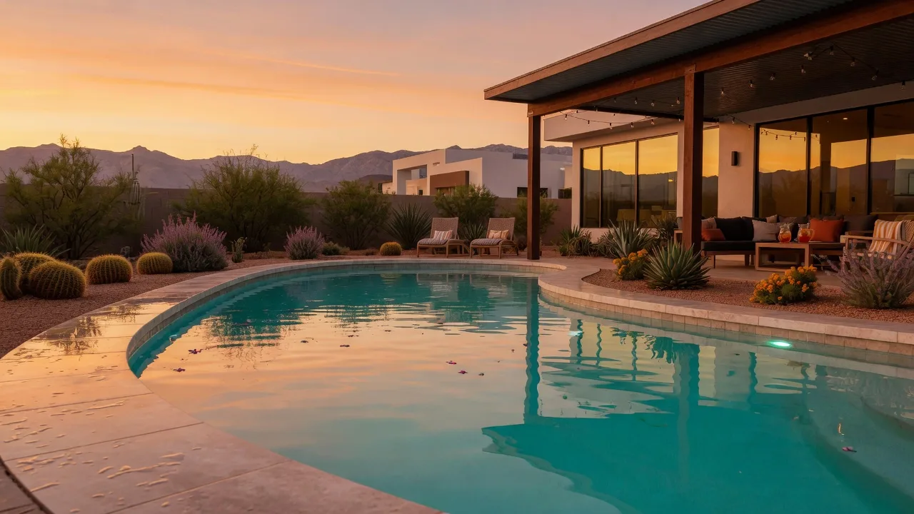 A luxurious backyard swimming pool at a Las Vegas suburban home during golden hour, with desert landscaping and mountain silhouettes in the background