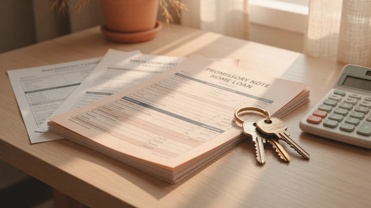 Mortgage documents, calculator, and house keys on a clean modern desk with natural window light