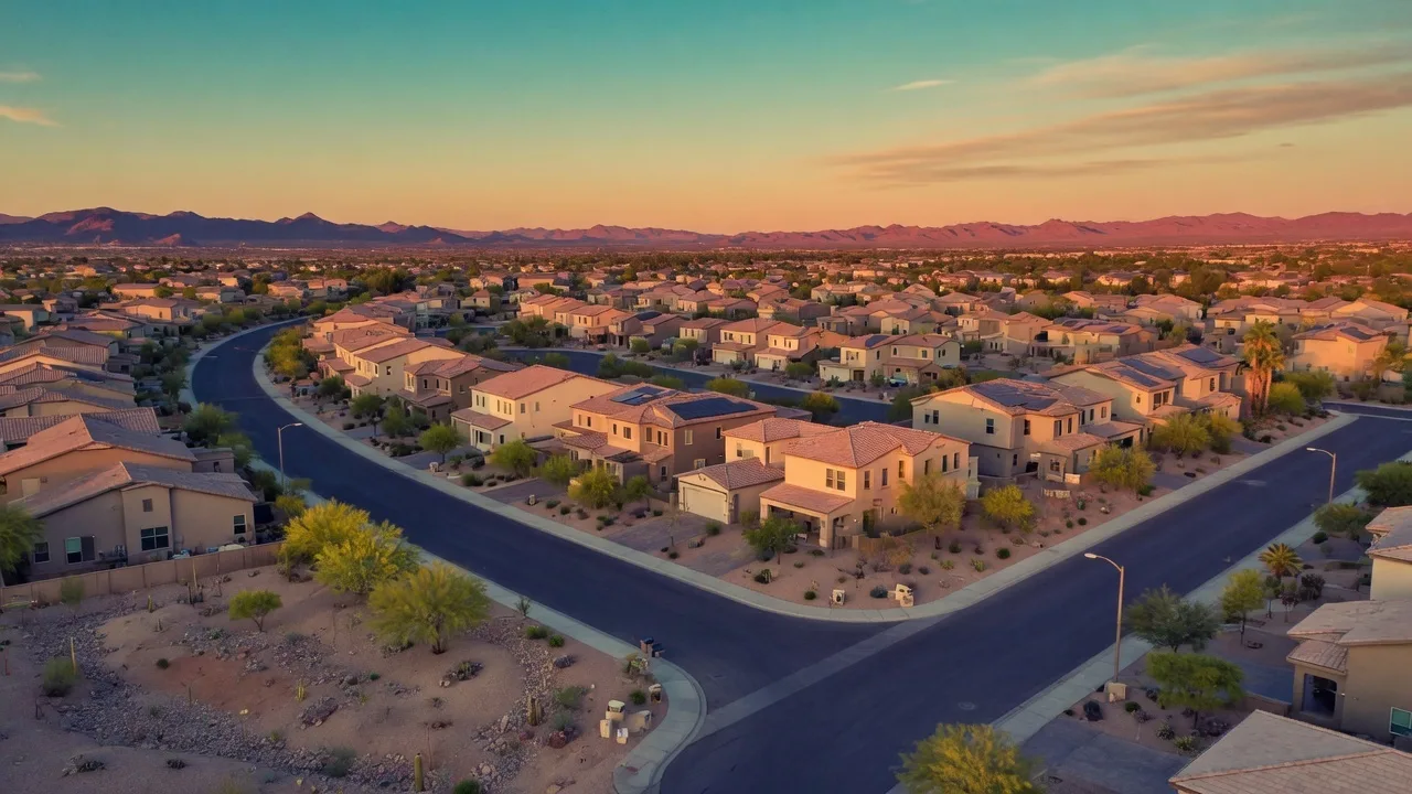 Aerial view of a modern Las Vegas suburban neighborhood at golden hour with desert mountains in the background