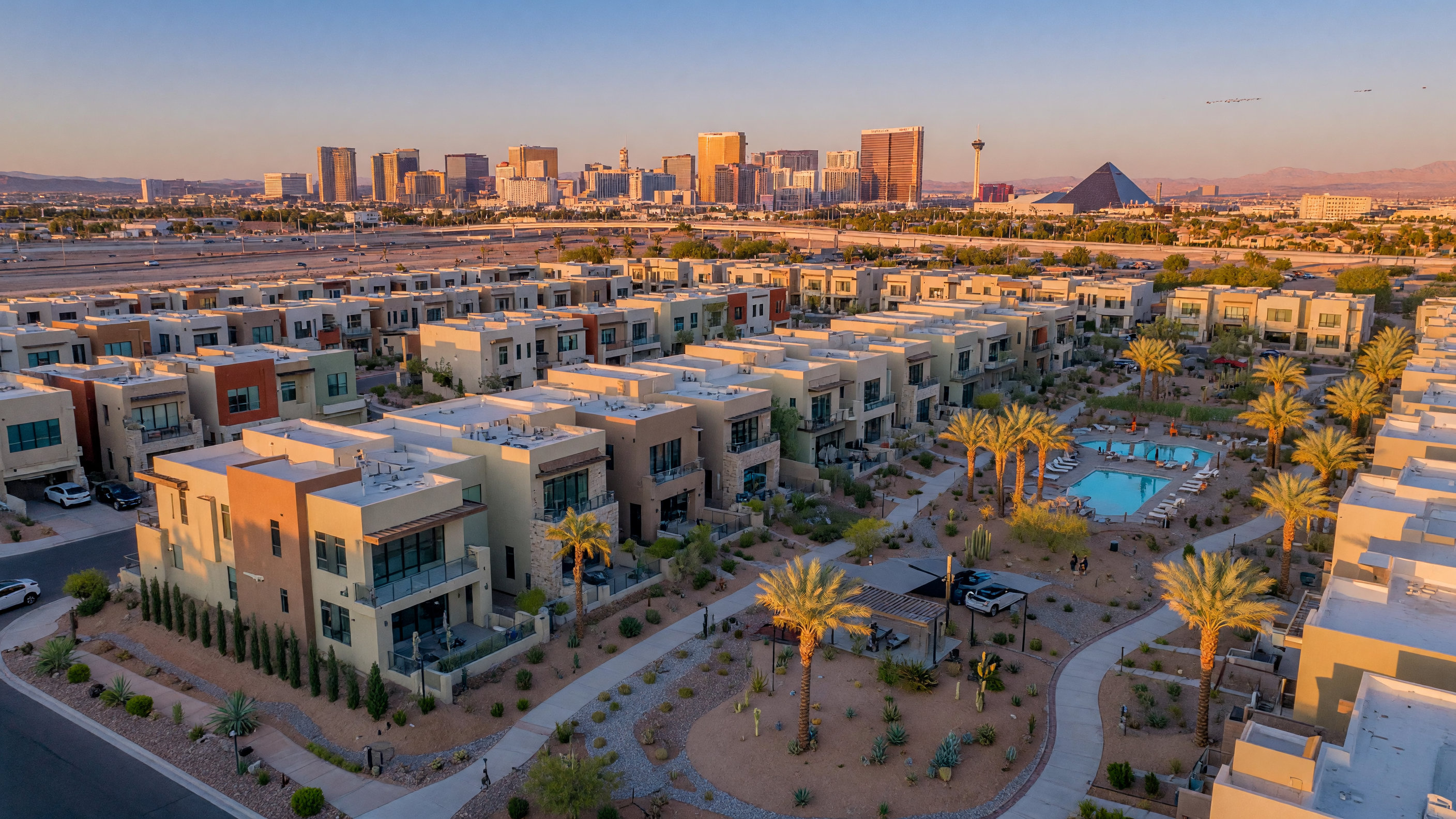 Modern Las Vegas condo and townhome community with desert landscaping and distant Strip views