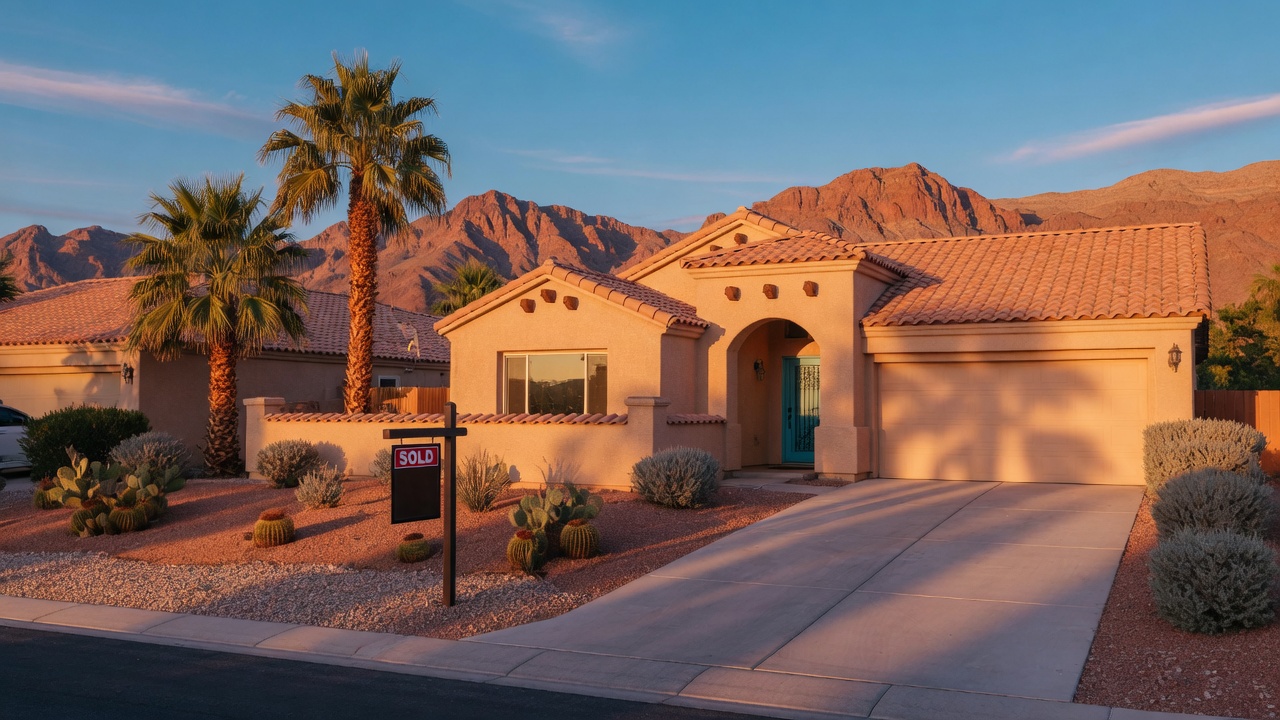 Casa suburbana en Las Vegas con señal de vendida en el frente, paisaje desértico al fondo