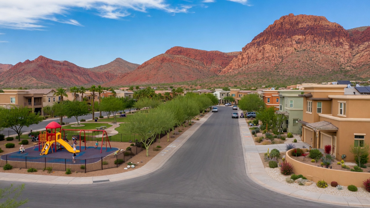 Barrio residencial en Mountain's Edge, Suroeste de Las Vegas, con montañas rojas de fondo y calles arboladas