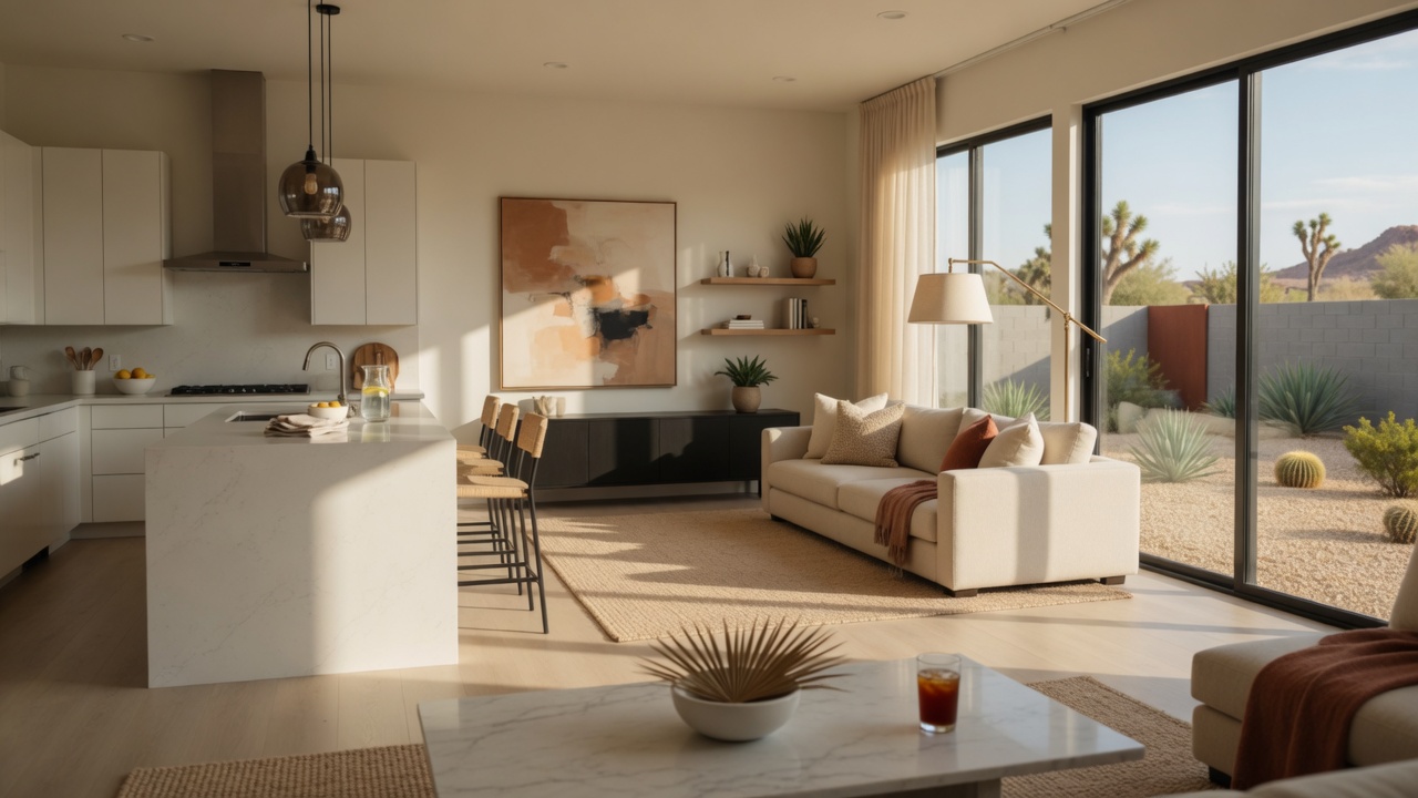 Interior de una casa moderna en Las Vegas, sala de estar amueblada con luz natural y cocina abierta