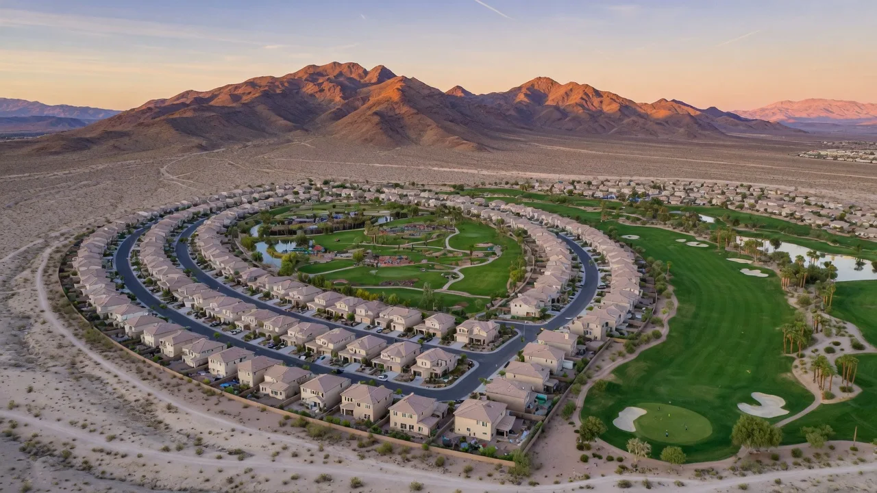 Vista aérea de la comunidad de Aliante en el norte de Las Vegas con campo de golf y montañas de fondo