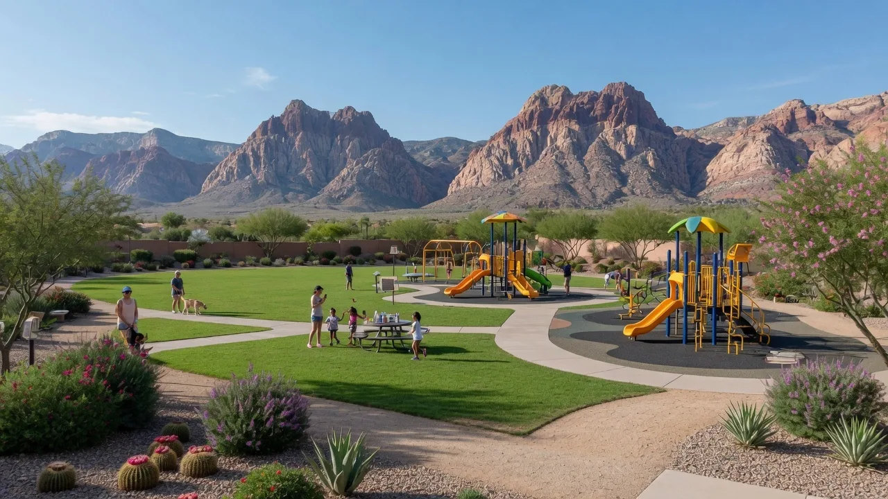 A large green recreational park in Summerlin, Las Vegas with walking paths, modern playground equipment, and Red Rock Canyon sandstone formations visible in the background