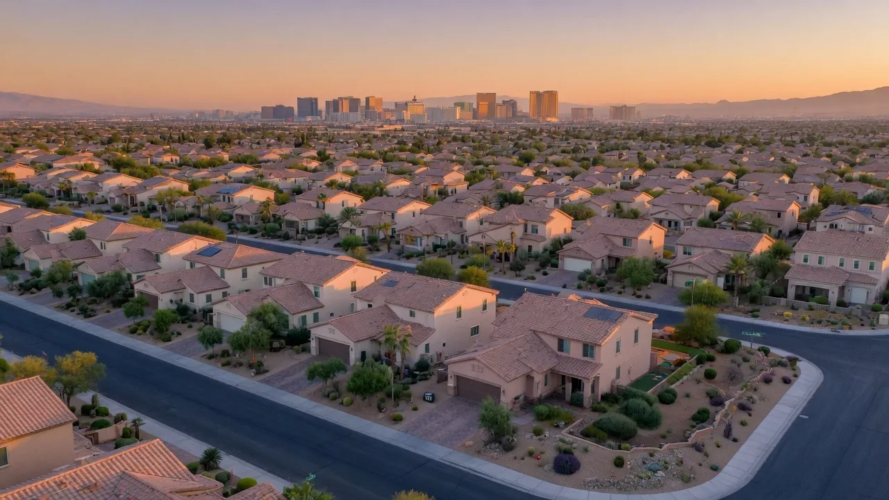 Aerial view of a Las Vegas Valley suburban neighborhood at golden hour with the distant Strip skyline visible through desert haze