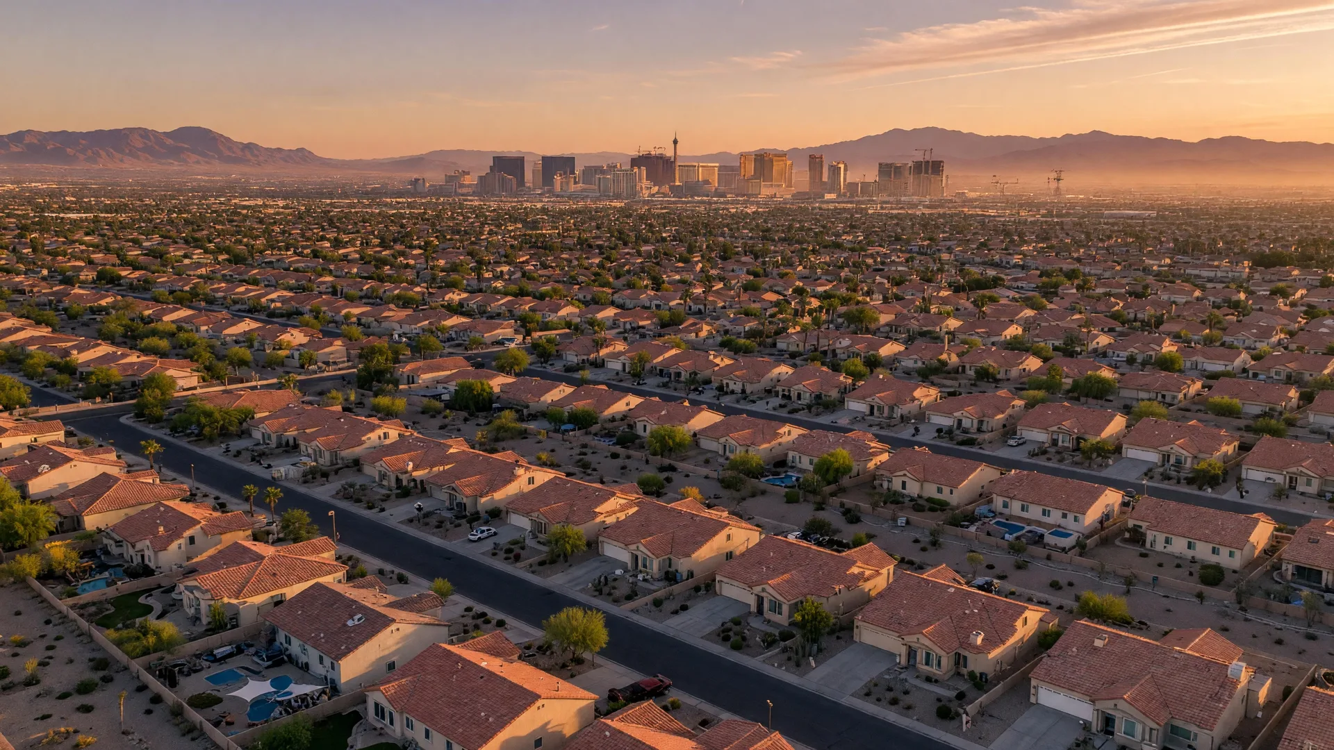 Aerial drone view of the Las Vegas Valley at golden hour with suburban homes, desert mountains, and the distant Strip skyline