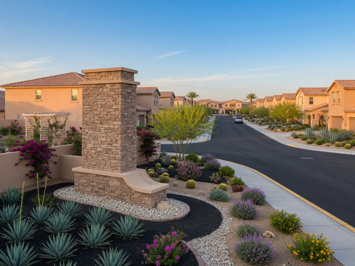 Aerial view of a Las Vegas suburban neighborhood at sunset with red tile roofs, palm trees, and the distant Strip skyline