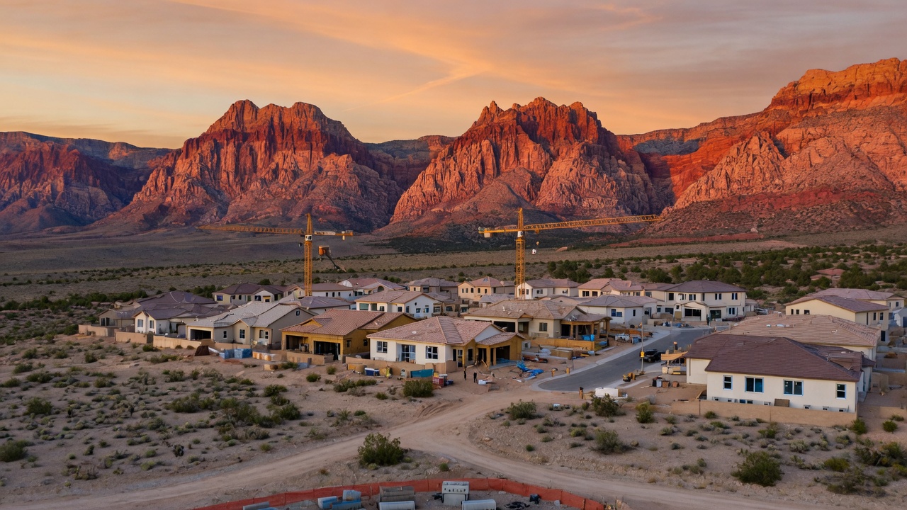 Summerlin West construction with Red Rock Canyon cliffs in the background
