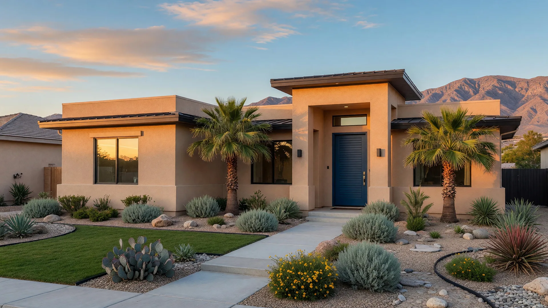 Modern suburban Las Vegas home with desert landscaping, palm trees, and mountain backdrop at golden hour