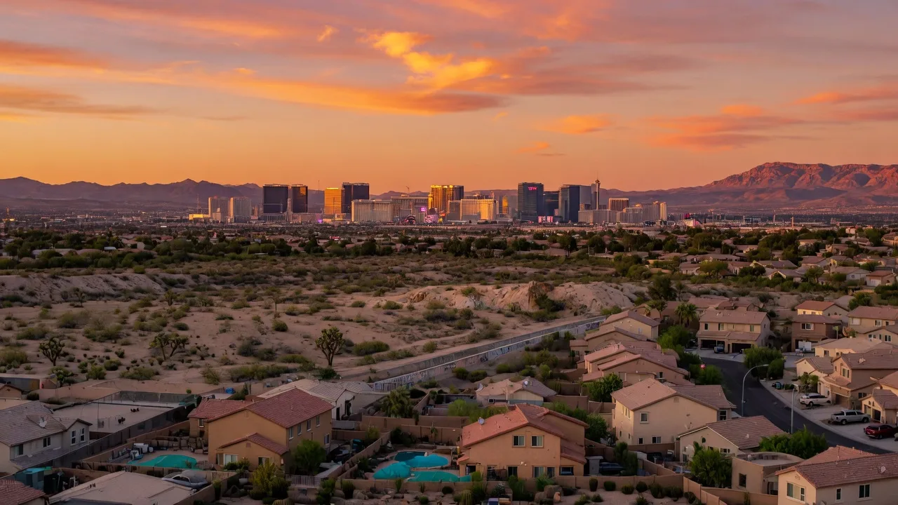 Vista panorámica del Valle de Las Vegas al atardecer con vecindarios residenciales y el Strip al fondo