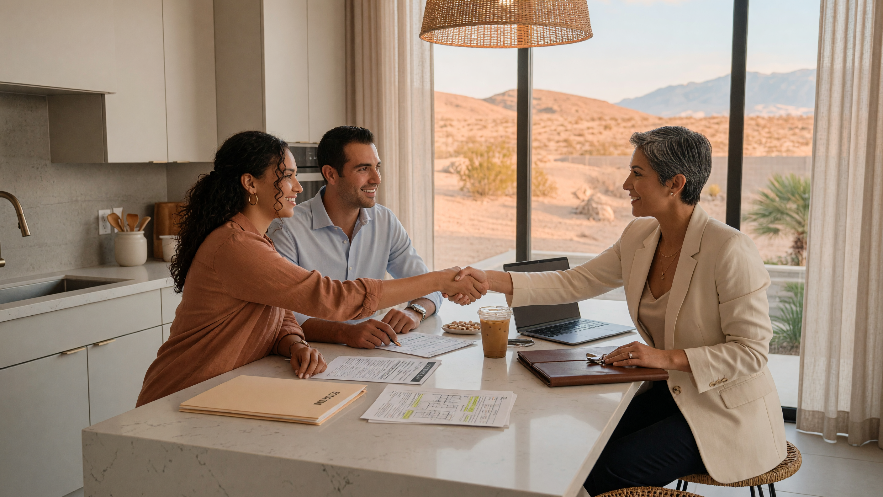 Buyer and real estate agent reviewing documents at a kitchen table in a Las Vegas home