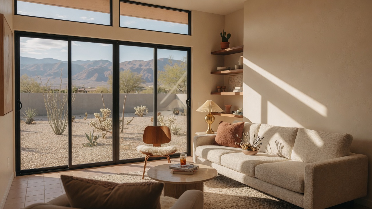 A bright, thoughtfully designed smaller home interior in Las Vegas with desert views through the windows, suggesting intentional right-sized living