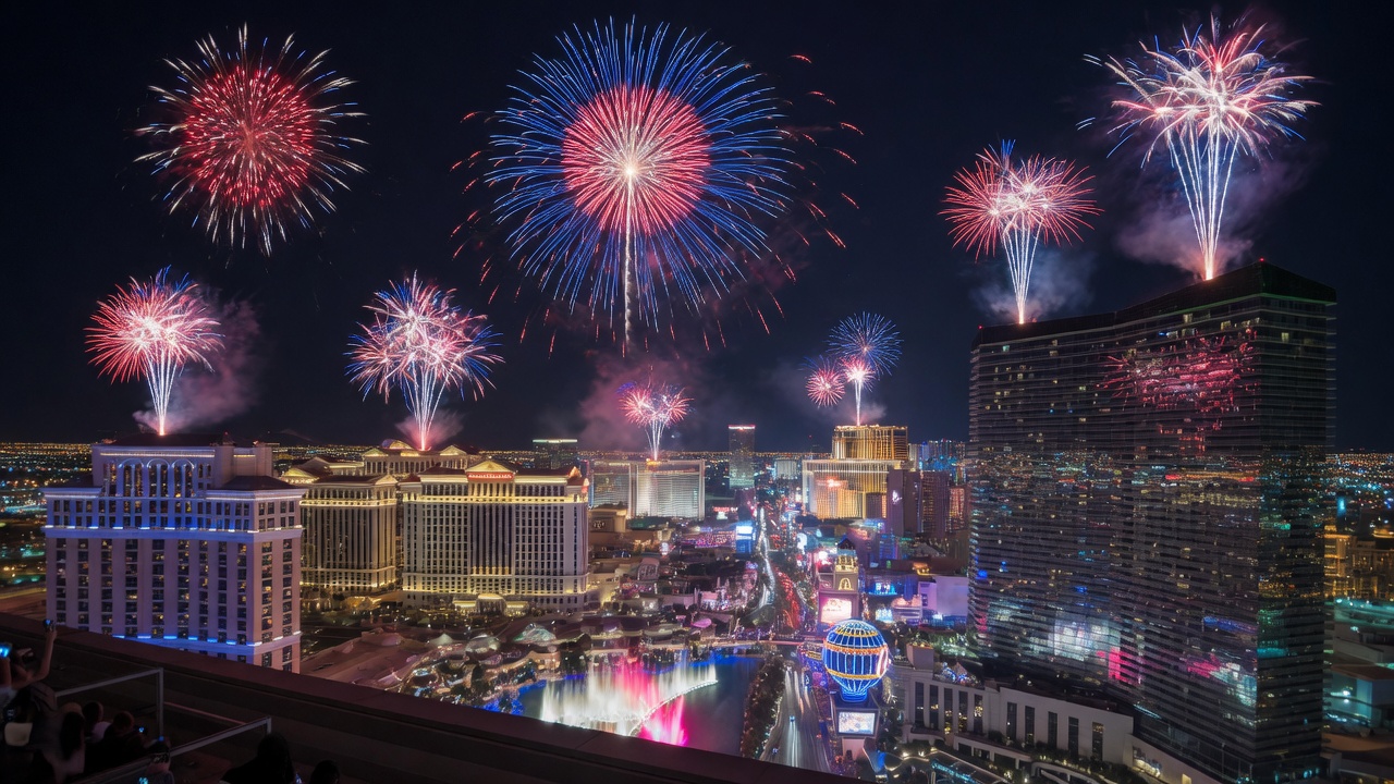 Fourth of July fireworks spectacular over the Las Vegas Strip at night