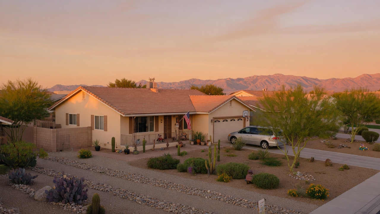 Hogar suburbano en Las Vegas con paisaje desértico y montañas de fondo durante la hora dorada