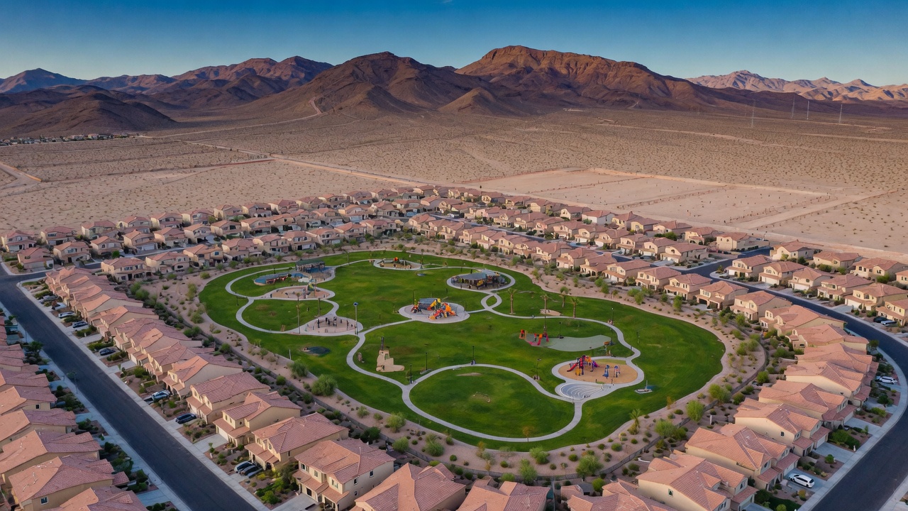 Aerial view of a master-planned community park in the Las Vegas desert