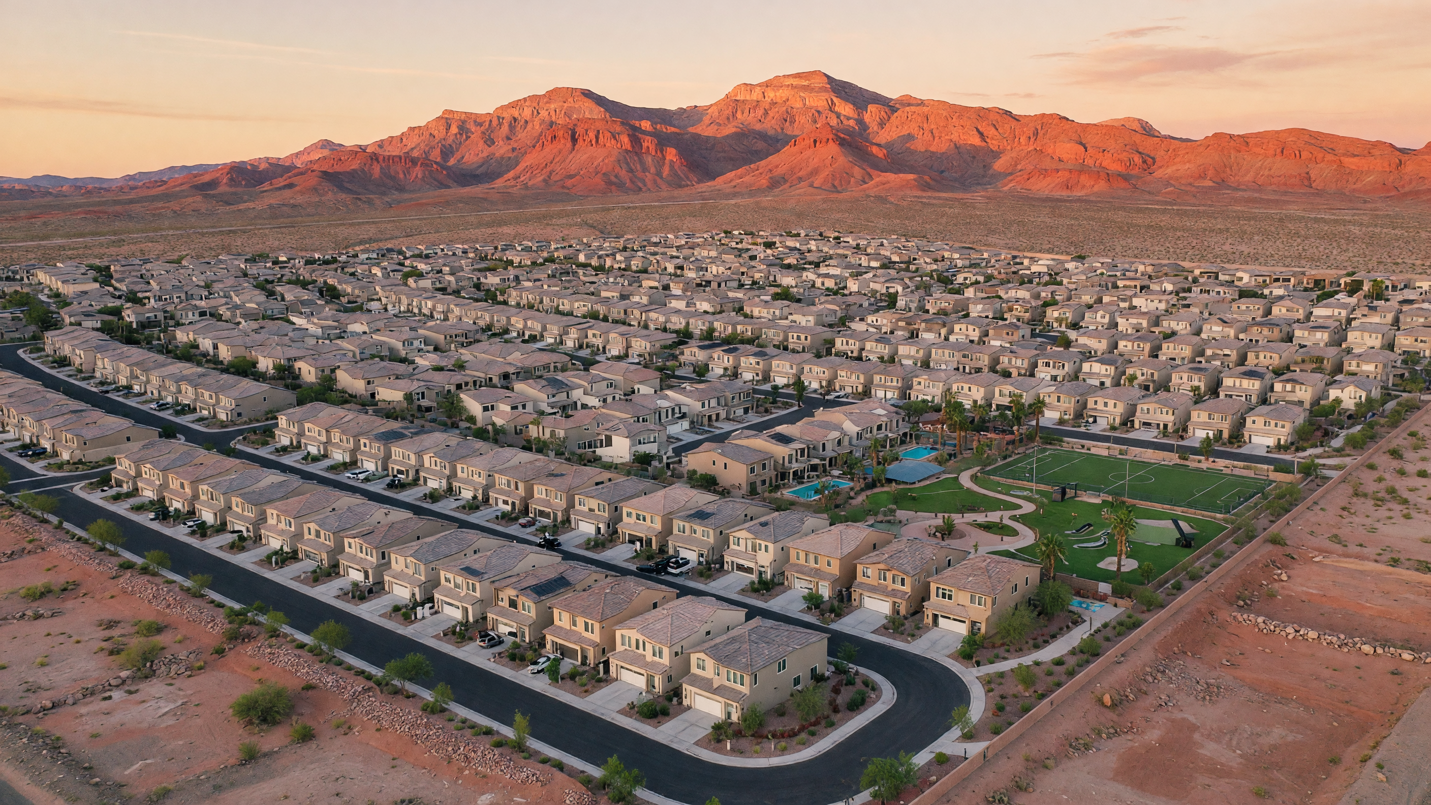 Aerial view of residential real estate investment properties in a Las Vegas desert community