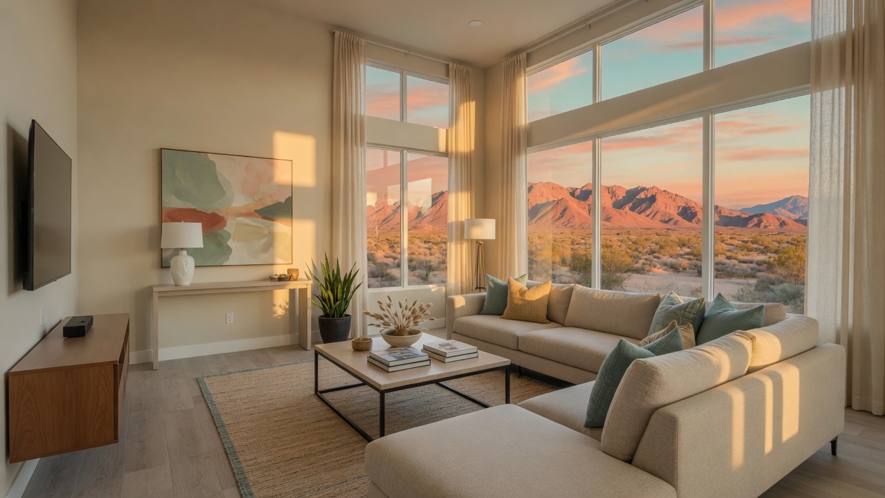 Modern Las Vegas living room with desert mountain views at golden hour