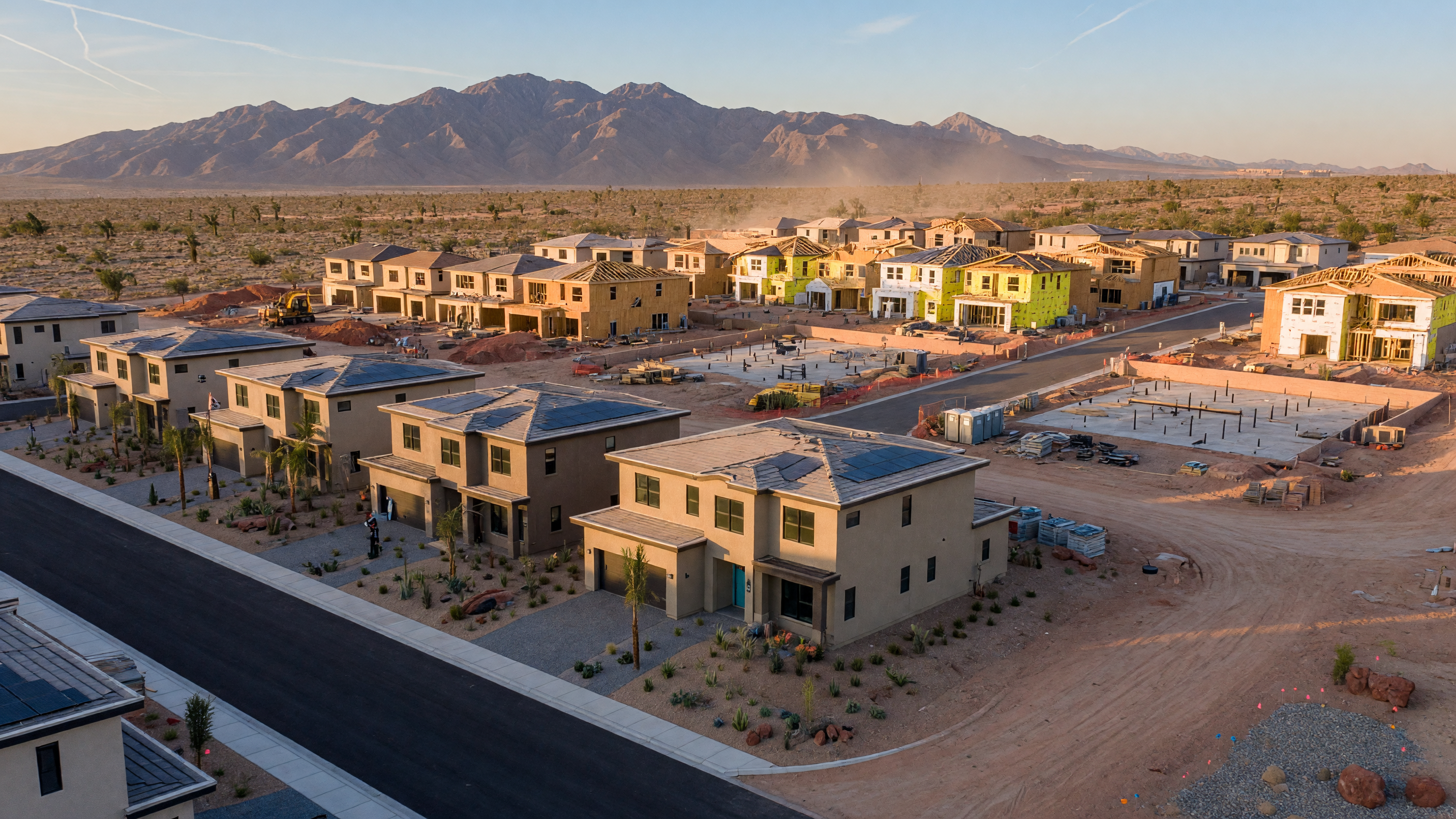 New construction homes in a Las Vegas suburban neighborhood with desert mountains in the background