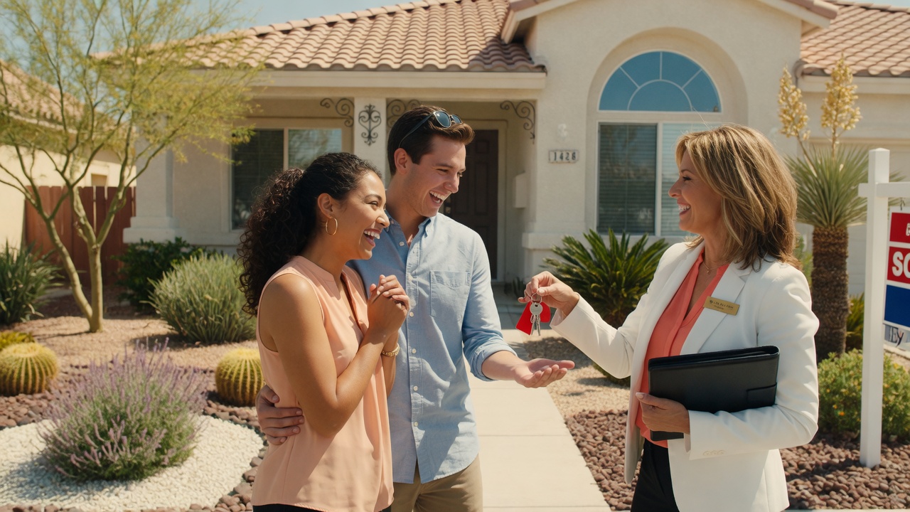Pareja joven recibiendo llaves de una casa de Las Vegas con paisaje desértico