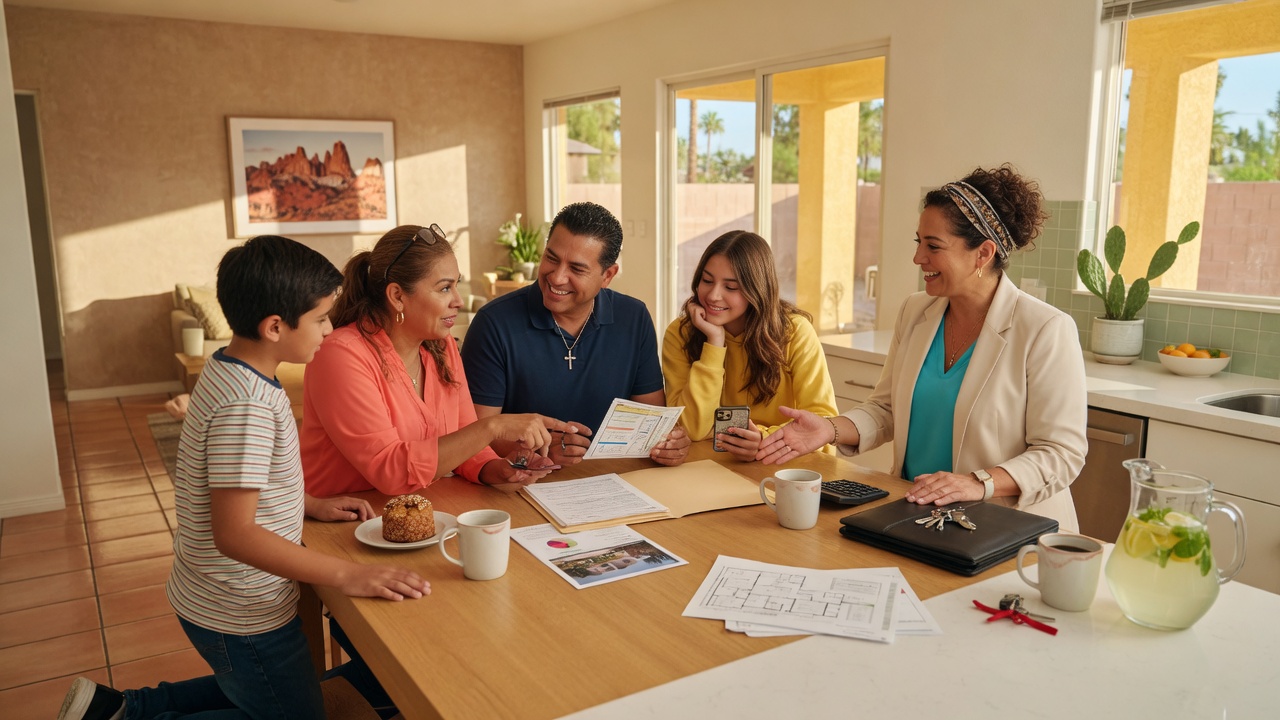 Familia hispana revisando documentos de hipoteca en una cocina moderna de Las Vegas