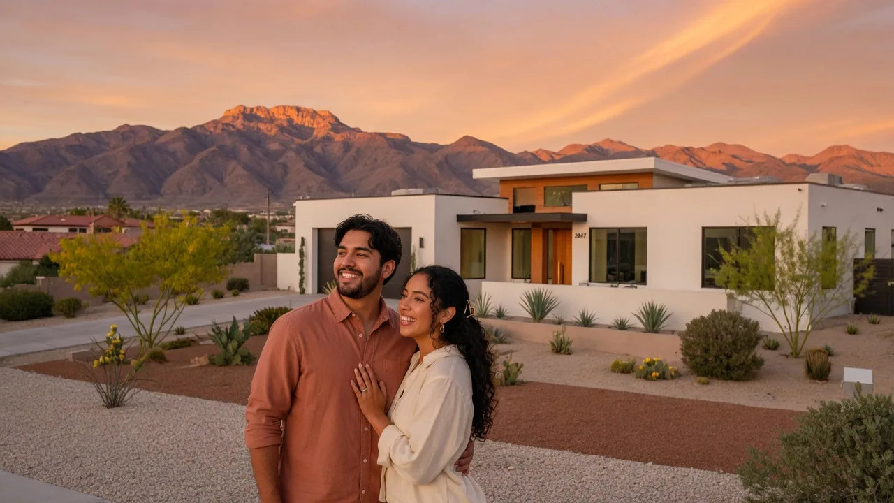 Pareja hispana de pie frente a una casa suburbana en el paisaje desértico de Las Vegas al atardecer