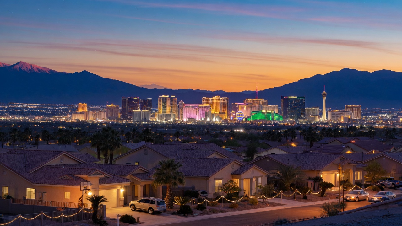 Las Vegas skyline at dusk from a suburban vantage point with mountains framing the valley