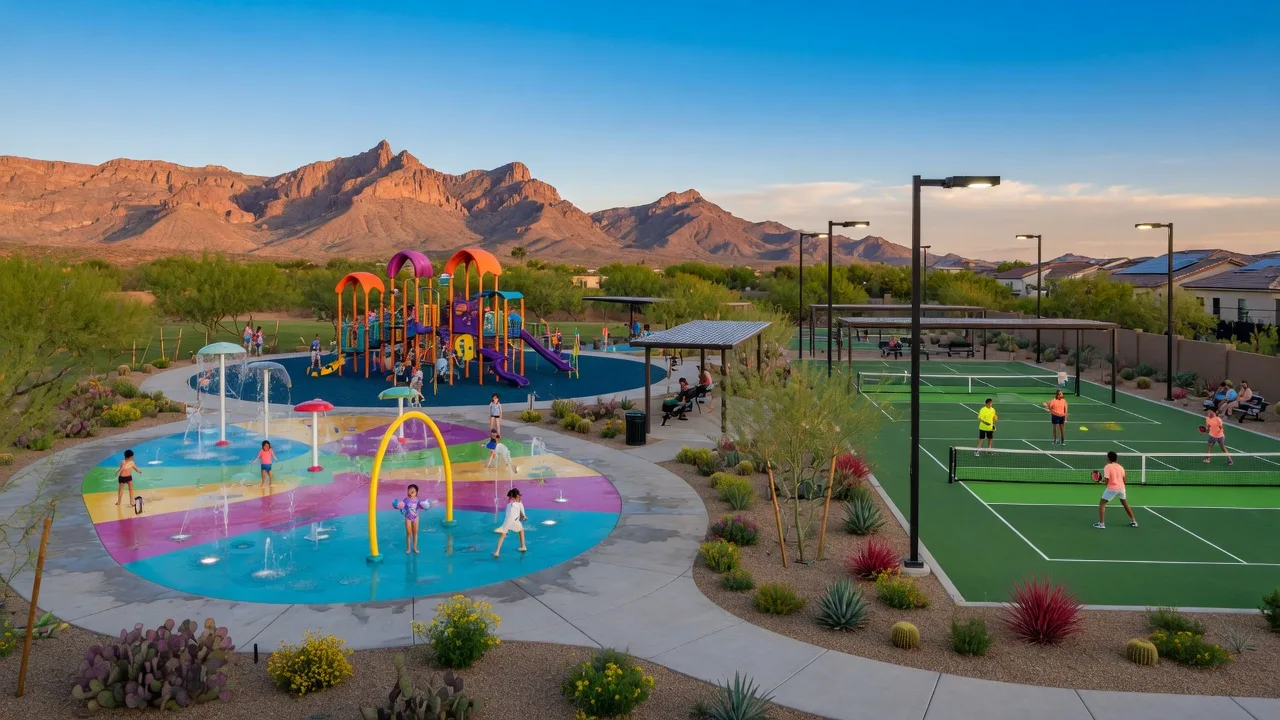A modern community park in a desert suburban setting with a splash pad, playground, pickleball courts, and walking paths backed by red rock mountains
