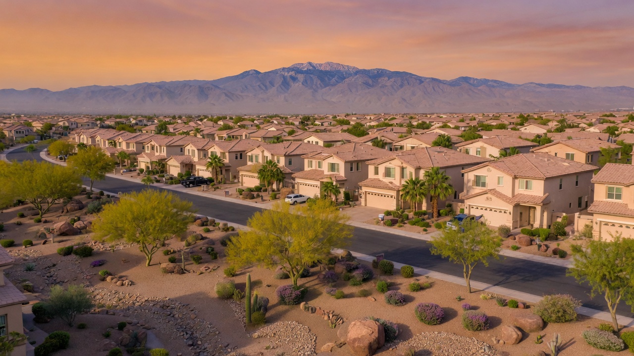 Aerial view of a Las Vegas Valley suburban neighborhood at golden hour with the Spring Mountains in the background