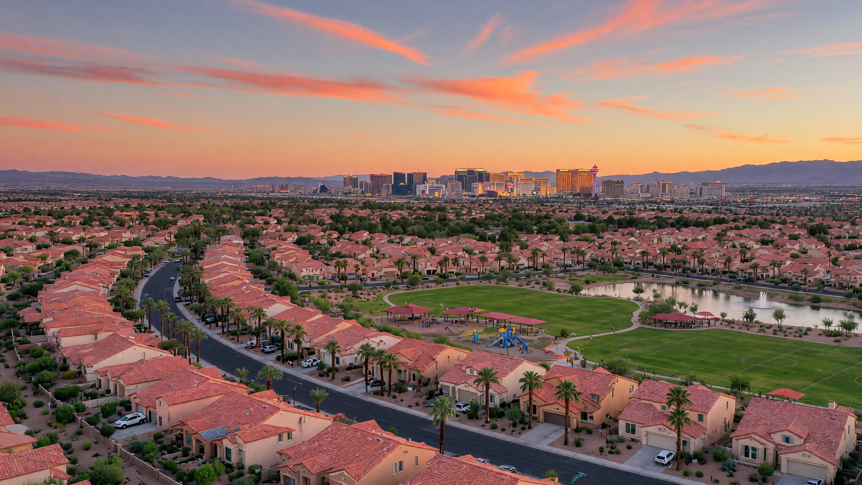 Las Vegas suburban neighborhood with mountain backdrop at golden hour