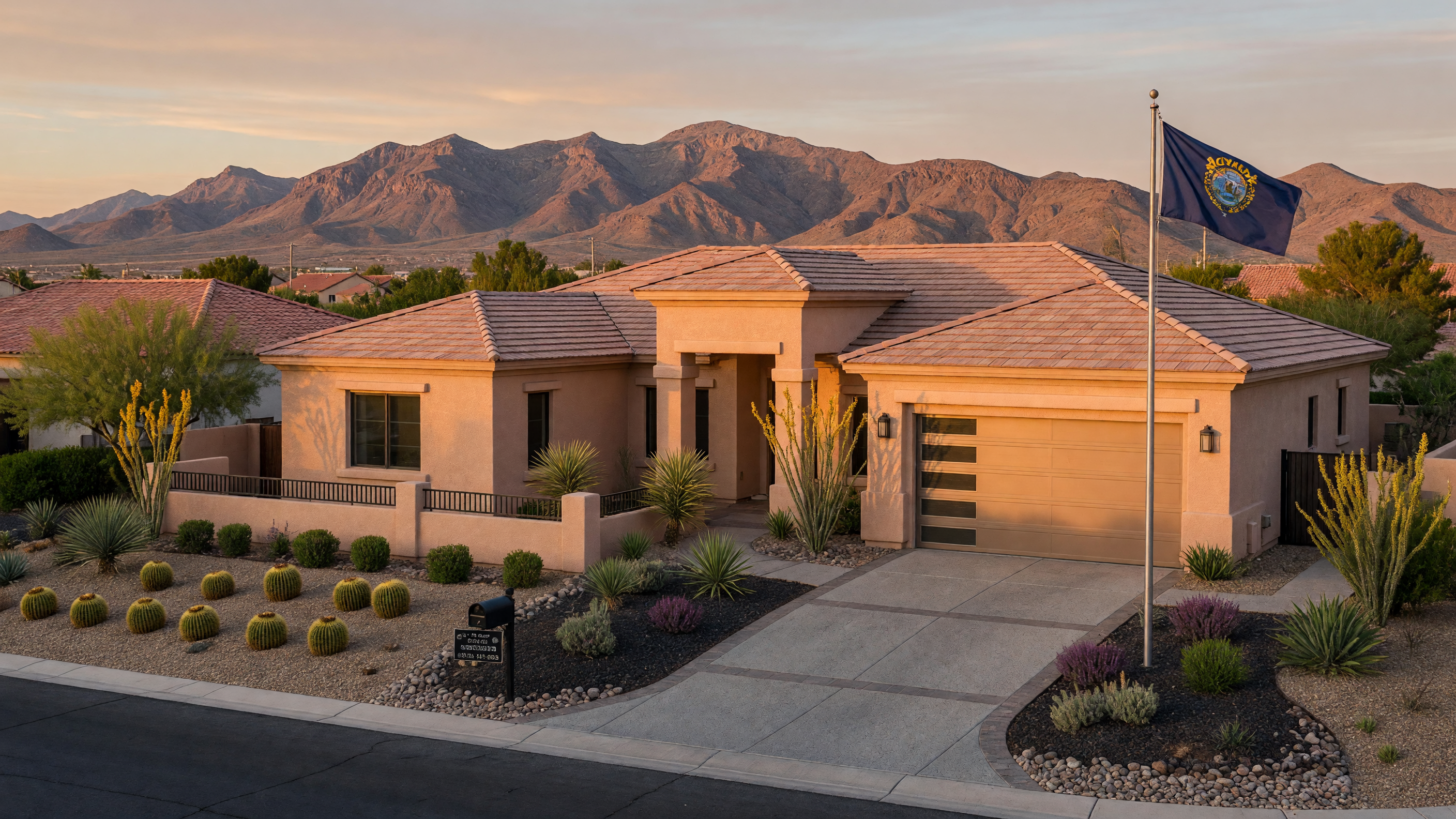 Modern Las Vegas suburban home with desert landscape and mountains in the background at golden hour