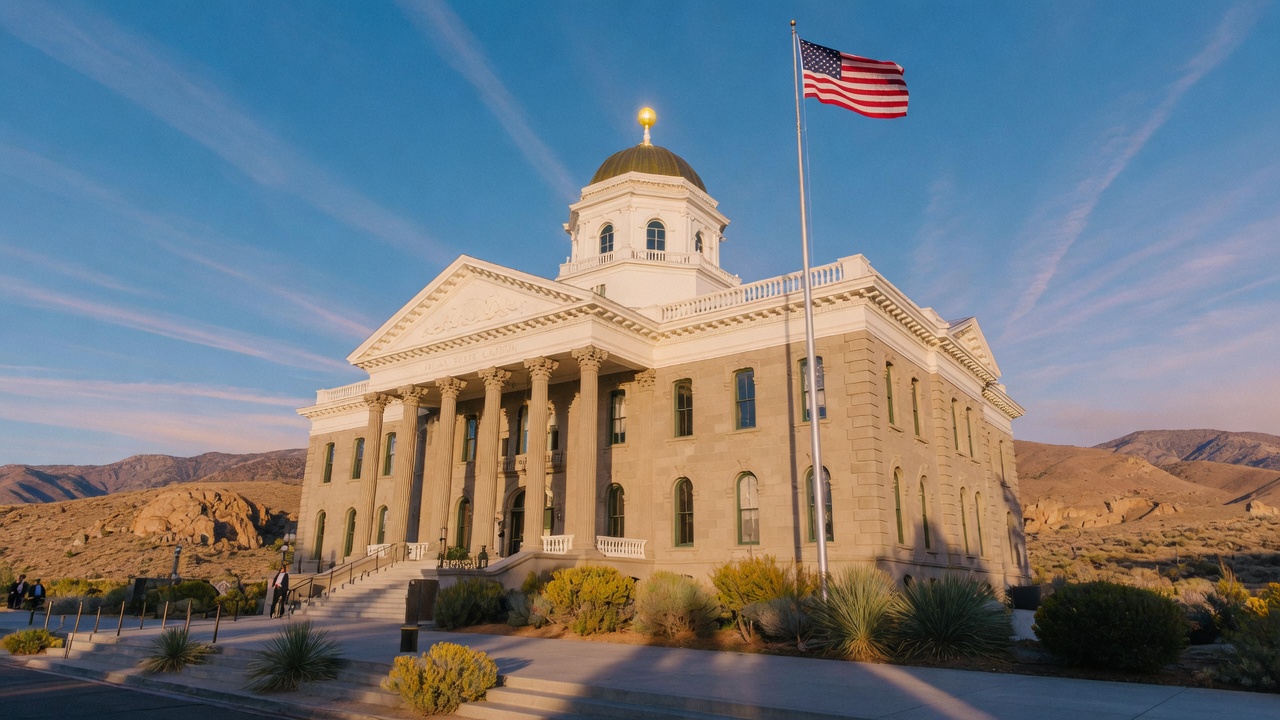 Edificio del Capitolio de Nevada con paisaje desértico y cielo azul