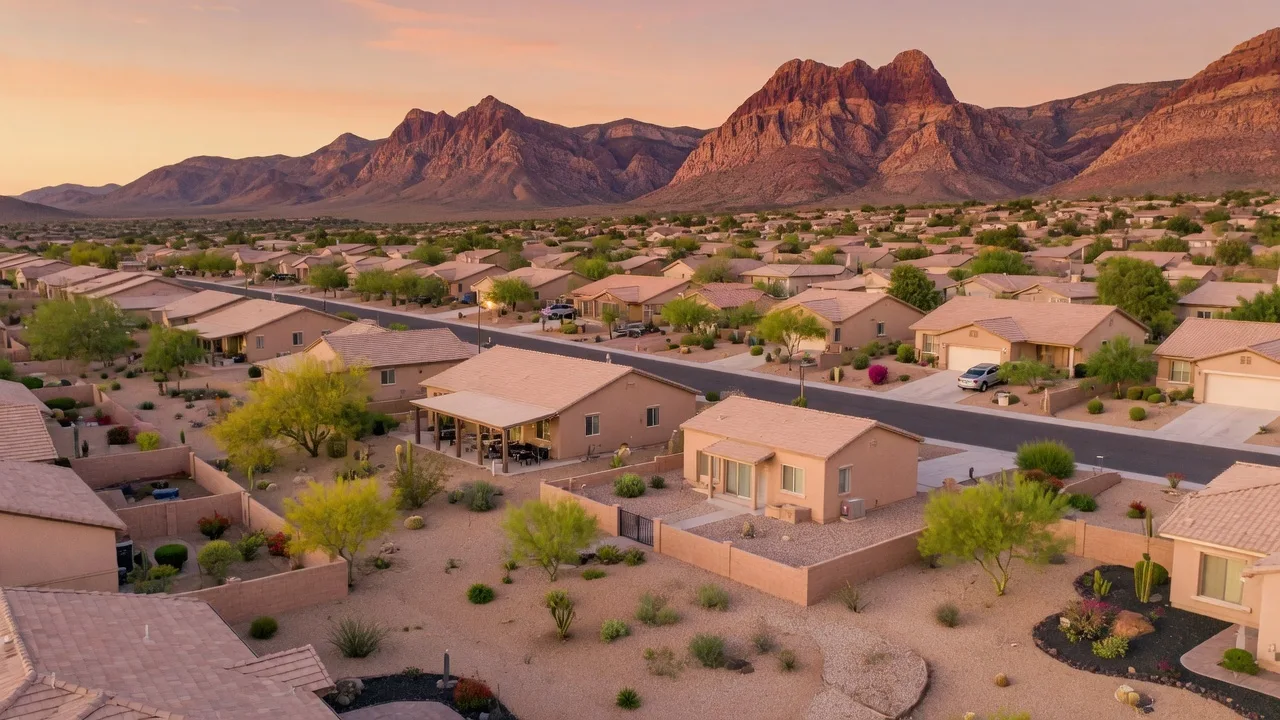 Modern Las Vegas suburban neighborhood at golden hour showing desert-landscaped yards with mountains in the background