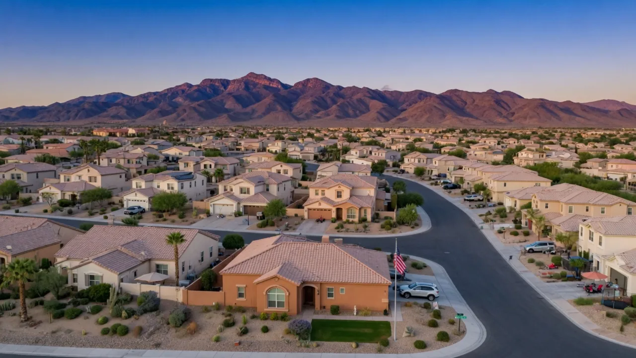 Aerial view of a Las Vegas suburban neighborhood with desert mountains in the background on a sunny afternoon